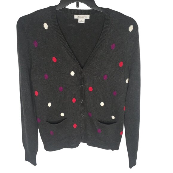 Preppy Cardigan Sweater Womens Medium Gray Button Front Polka Dot Pockets twee - Picture 1 of 13